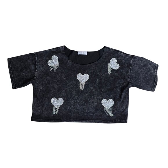 Black Grey Short Sleeve Women's Shirt with Silver Sparkle Hearts P2P 24" L 18" - Picture 1 of 6
